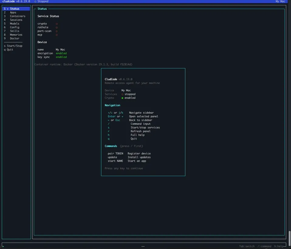 CludCode agent TUI showing device status and encryption