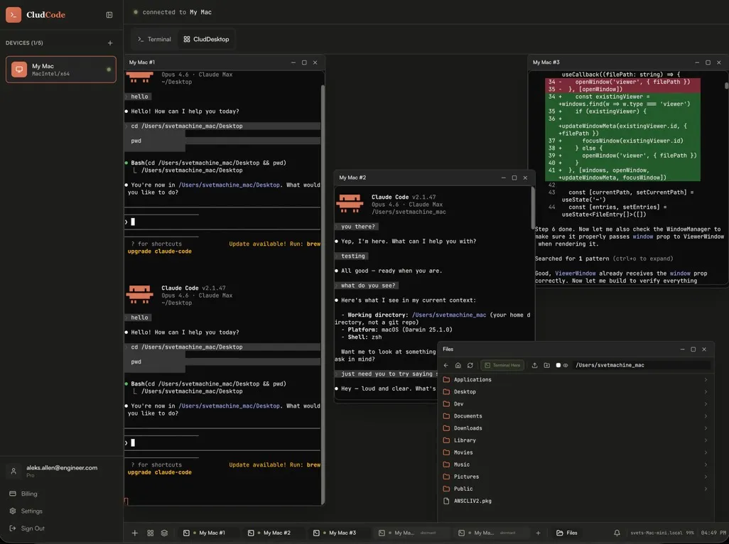 CludCode desktop with multiple terminal sessions and file browser
