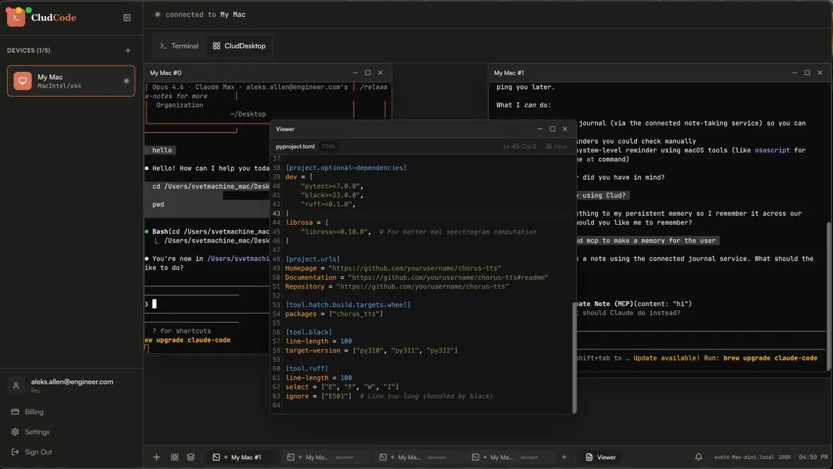 CluTerm, then named CludCode, showing a code viewer beside a terminal and an assistant panel