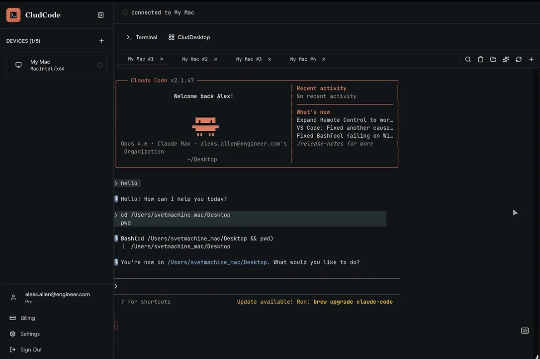 CluTerm, then named CludCode, welcome screen with several tabs and device connection